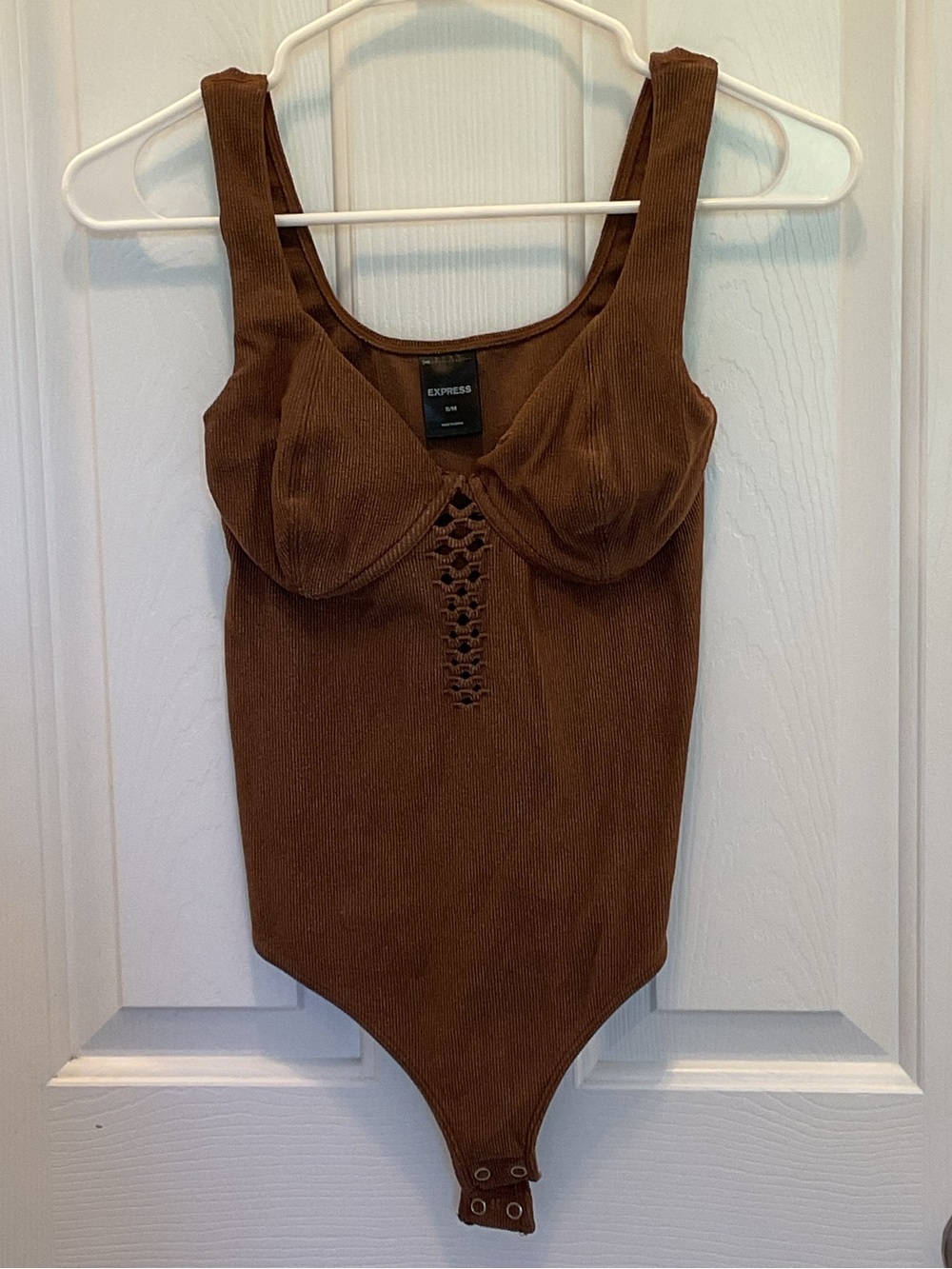 Express Ribbed V-Neck Mesh Bustier Bodysuit